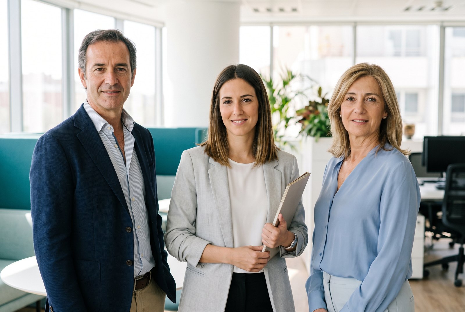 Equipo de tres profesionales de una empresa en su oficina